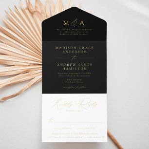 Modern Black and Gold Foil Monogram Wedding All In One Invitation