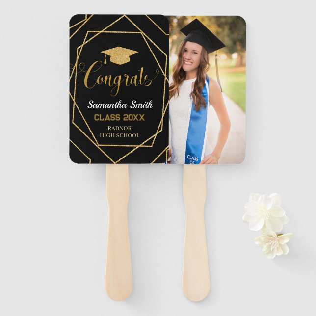 Modern Black and Gold Geometric Graduation Photo Hand Fan (Front and Back)