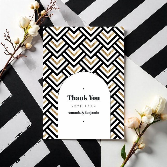Modern Black and Gold Geometric Wedding Photo Thank You Card (Modern Black and Gold Geometric Wedding Photo Thank You Card)