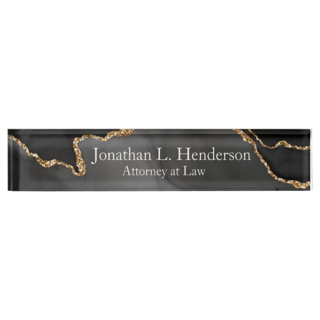Modern Black and Gold Glitter Agate Professional Nameplate (Front)