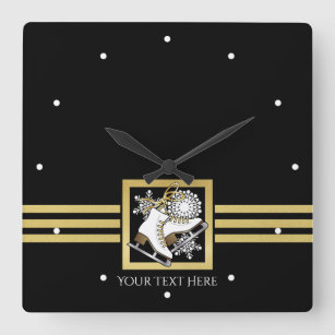 Modern Black and Gold Glitter Ice Skate Square Wall Clock