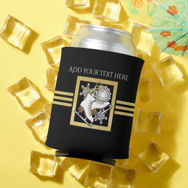 Modern Black and Gold Glitter Ice Skating Can Cooler (In Situ Summer)