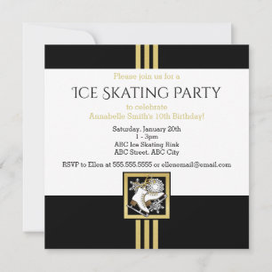 Modern Black and Gold Glitter Ice Skating Party Invitation