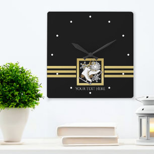 Modern Black and Gold Glitter Ice Skating Square Wall Clock