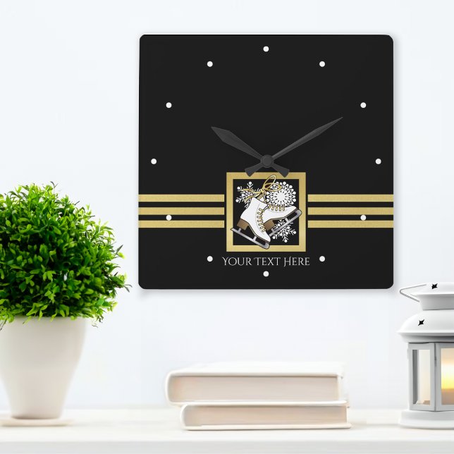 Modern Black and Gold Glitter Ice Skating Square Wall Clock (Creator Uploaded)