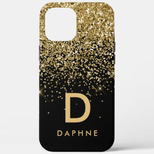Modern black and gold glitter initial monogram iPhone 12 pro max case
