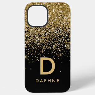 Modern black and gold glitter initial monogram iPhone 12 pro max case
