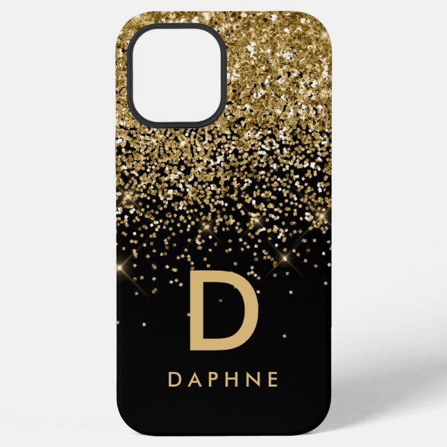 Modern black and gold glitter initial monogram iPhone case (Back)