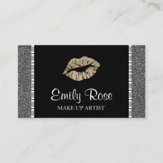 Modern Black and Gold Glitter Lipstick Make Up Business Card