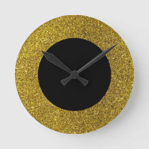 Modern Black and Gold Glitter Round Wall Clock