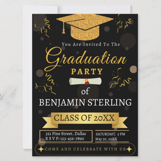 Modern Black and Gold Graduation Party Invitation (Front)