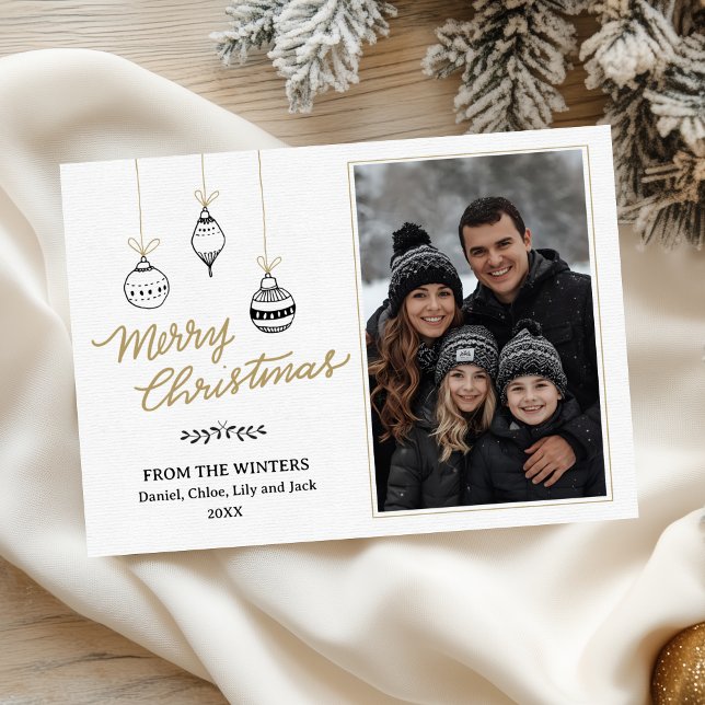 Modern Black and Gold Hand-Drawn Family Photo Holiday Card (Modern Black and Gold Hand-Drawn Family Photo Christmas Card.)