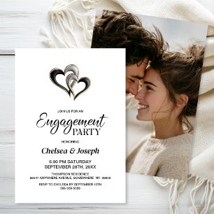 Modern Black and Gold Hearts Engagement Party Invitation