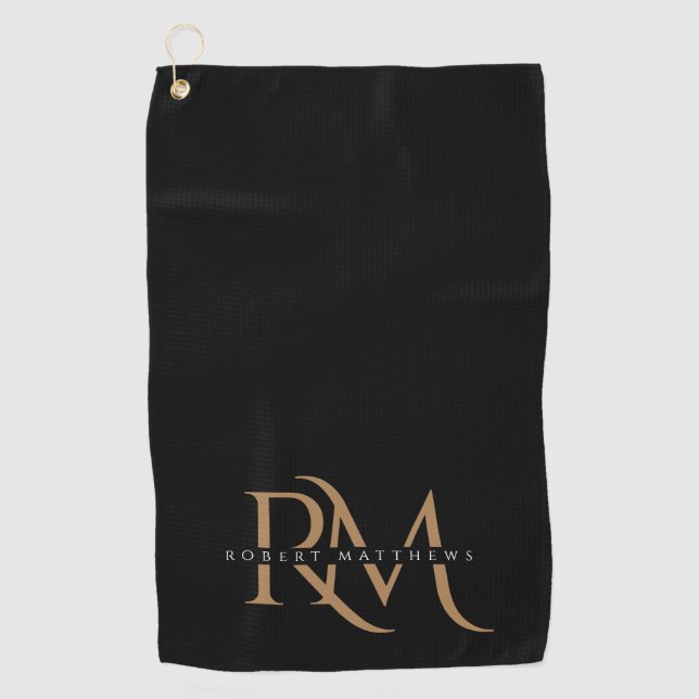 Modern Black and Gold Initials Elegant Monogrammed Golf Towel (Front)