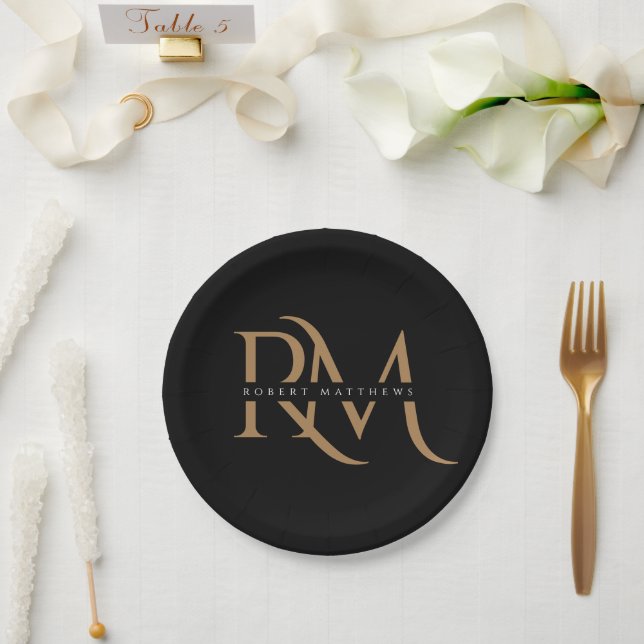 Modern Black and Gold Initials Elegant Monogrammed Paper Plate (Wedding)