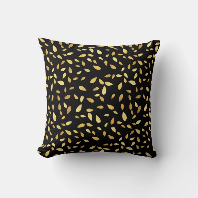 Modern Black and Gold Leaves Illustrated Pattern Cushion (Front)