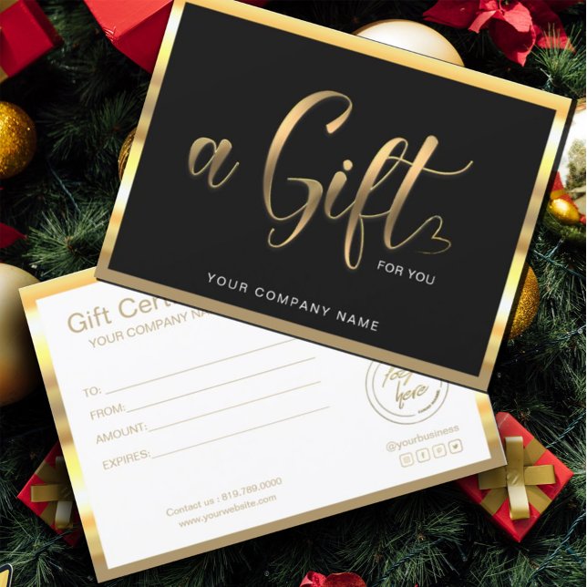 Modern Black And Gold | Logo Gift Certificate (elegant gift certificate features a dark black background, with gold handwritten script typography.)