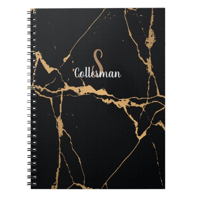 Modern Black and Gold Marble Monogram Script Name  Notebook (Front)