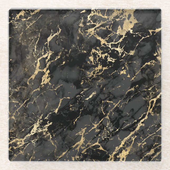 Modern Black and Gold Marble Pattern Glass Coaster (Front)