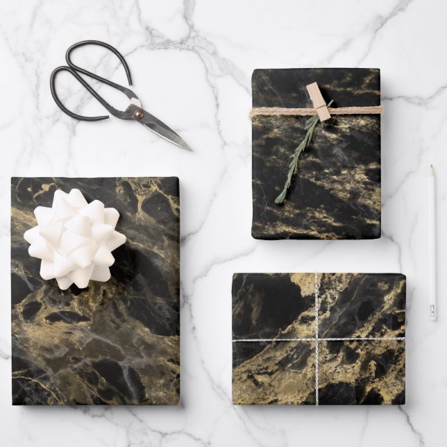 Modern Black and Gold Marble Pattern Wrapping Paper Sheet (Front)