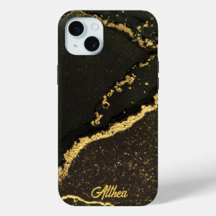 Modern Black and Gold Marbled  iPhone 15 Mini Case