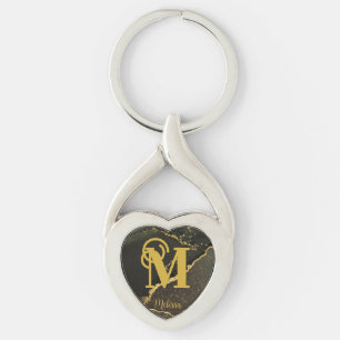 Modern Black and Gold Marbled Monogram  Key Ring