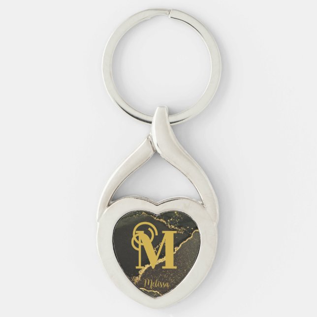 Modern Black and Gold Marbled Monogram  Key Ring (Front)