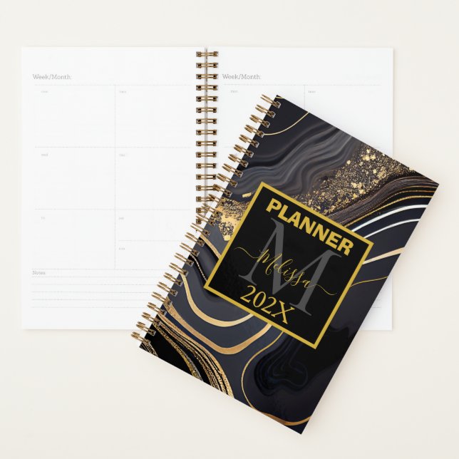 Modern Black and Gold Marbled Monogram Planner (Display)