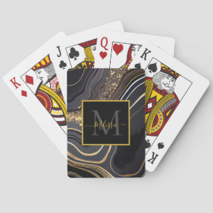 Modern Black and Gold Marbled Monogram Playing Cards