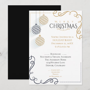 Modern Black and Gold  Minimal Holiday Baubles Invitation