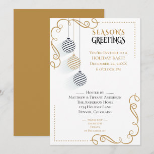 Modern Black and Gold Minimal Holiday Baubles Invitation