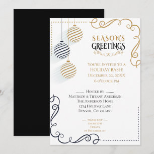 Modern Black and Gold  Minimal Holiday Baubles Invitation