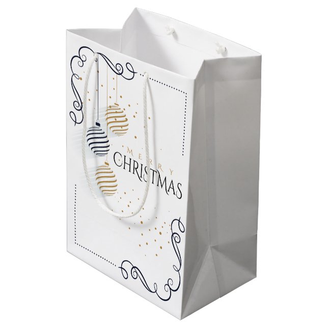 Modern Black and Gold Minimal Holiday Baubles Medium Gift Bag (Back Angled)