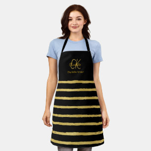Modern Black and Gold Monogram Name  Apron