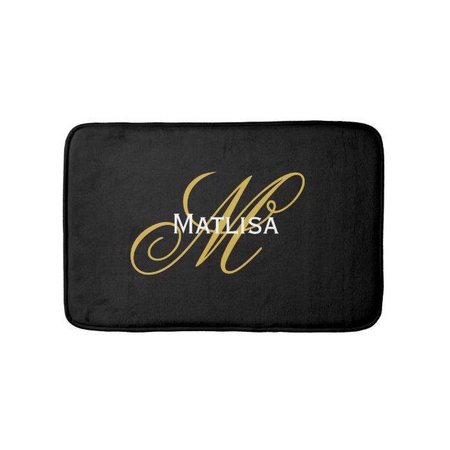 Modern Black and Gold Monogram Name  Bath Mat (Front)