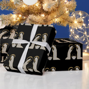 Modern Black and Gold Nativity Crib Christmas Wrapping Paper