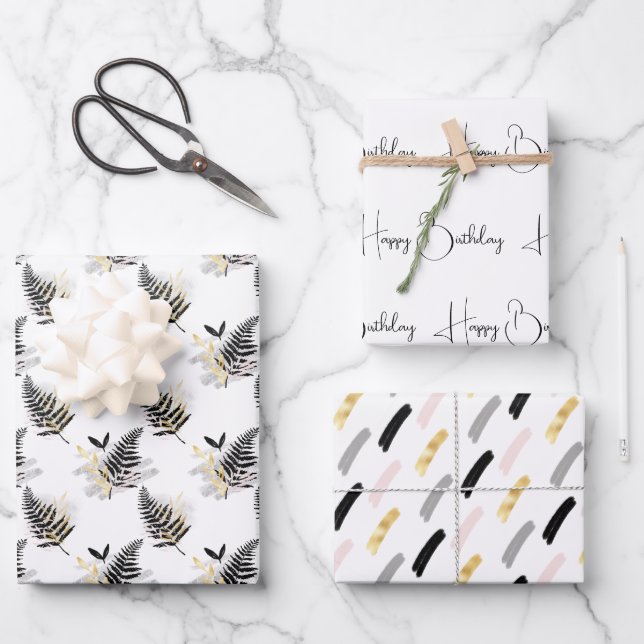 Modern Black and Gold on White Coordinated  Wrapping Paper Sheet (Front)