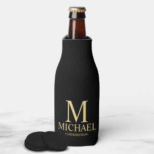 Modern Black and Gold Personalised Groomsman Bottle Cooler
