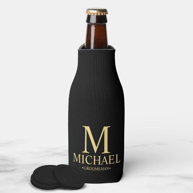 Modern Black and Gold Personalised Groomsman Bottle Cooler (Creator Uploaded)