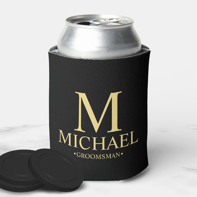 Modern Black and Gold Personalised Groomsman Can Cooler (Creator Uploaded)