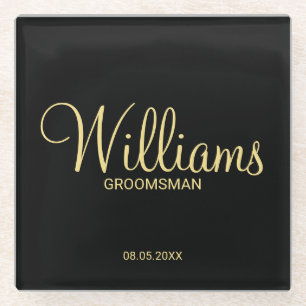 Modern Black and Gold Personalised Groomsman Glass Coaster