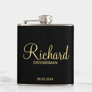 Modern Black and Gold Personalised Groomsman Hip Flask