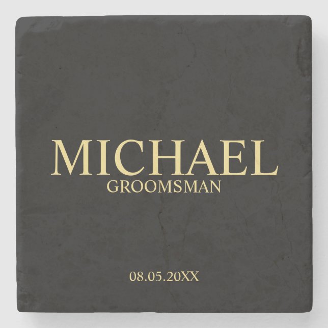 Modern Black and Gold Personalised Groomsman Stone Coaster (Front)