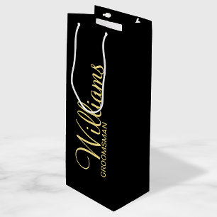 Modern Black and Gold Personalised Groomsman Wine Gift Bag