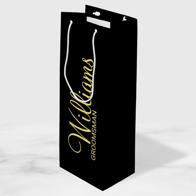Modern Black and Gold Personalised Groomsman Wine Gift Bag (Creator Uploaded)