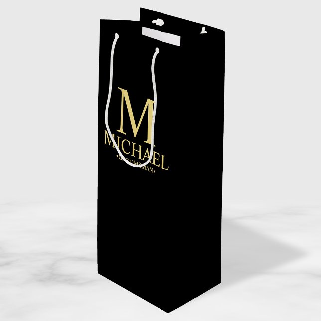 Modern Black and Gold Personalised Groomsman Wine Gift Bag (Creator Uploaded)