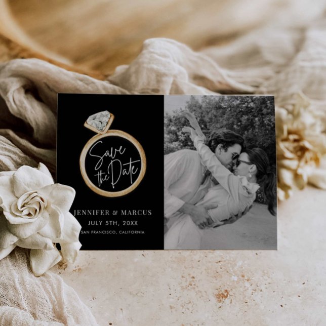 Modern Black and Gold Photo Save the Date Card (Creator Uploaded)