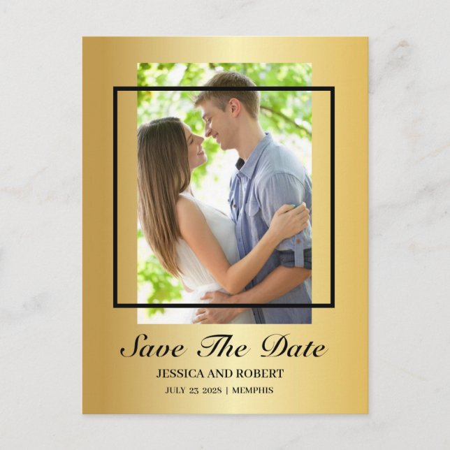 Modern Black And Gold Photo Save The Date  Invitat Postcard (Front)