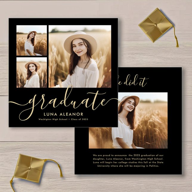 Modern Black and Gold Script 4 Photo Graduation Announcement (Creator Uploaded)