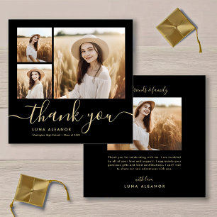 Modern Black and Gold Script 4 Photo Graduation Thank You Card